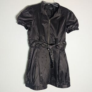 Bebe Women's Coat Dress Metal Studded Trench Rain Brown Satin Steam‎ Punk Large